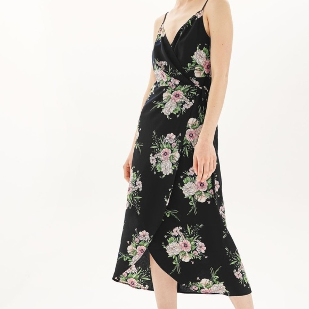 Topshop women 8 black floral wrap dress‎ sleeveless